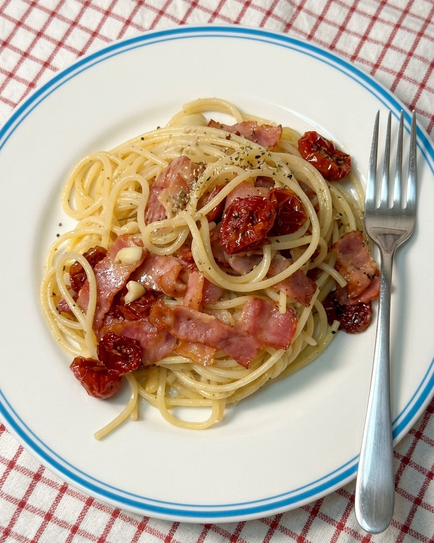 Espolvoreando hierbas sobre un plato de pasta con tocino y tomates.