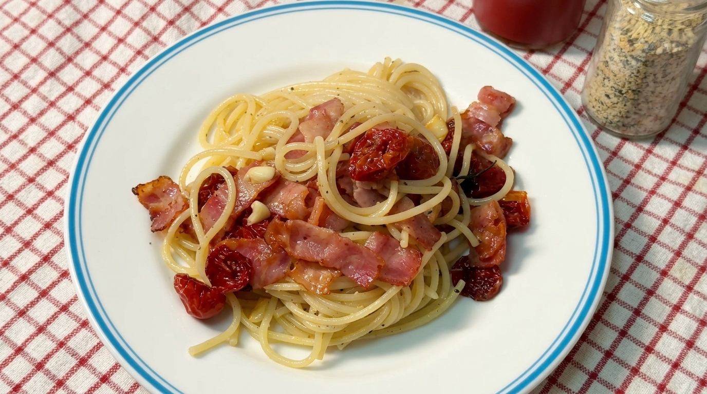 Pasta con Tocino y Tomates Secos: Un Plato Rápido y Sabroso