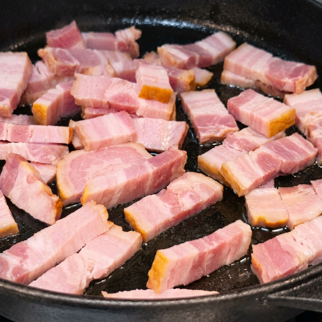 Tiras de tocino friéndose en una sartén de hierro fundido hasta dorarse.