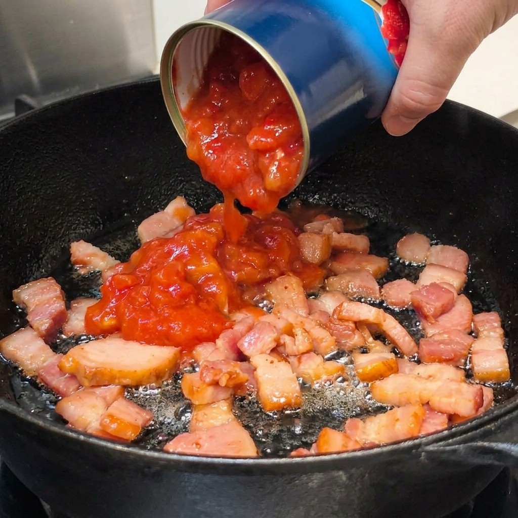 Tomates en conserva añadiéndose al tocino en la sartén.