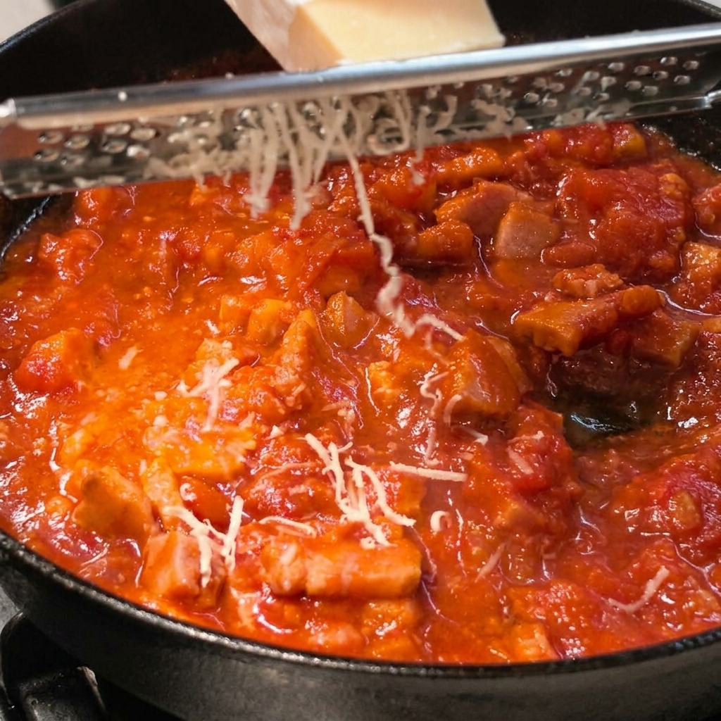 Queso parmesano recién rallado sobre la salsa de tomate roja.
