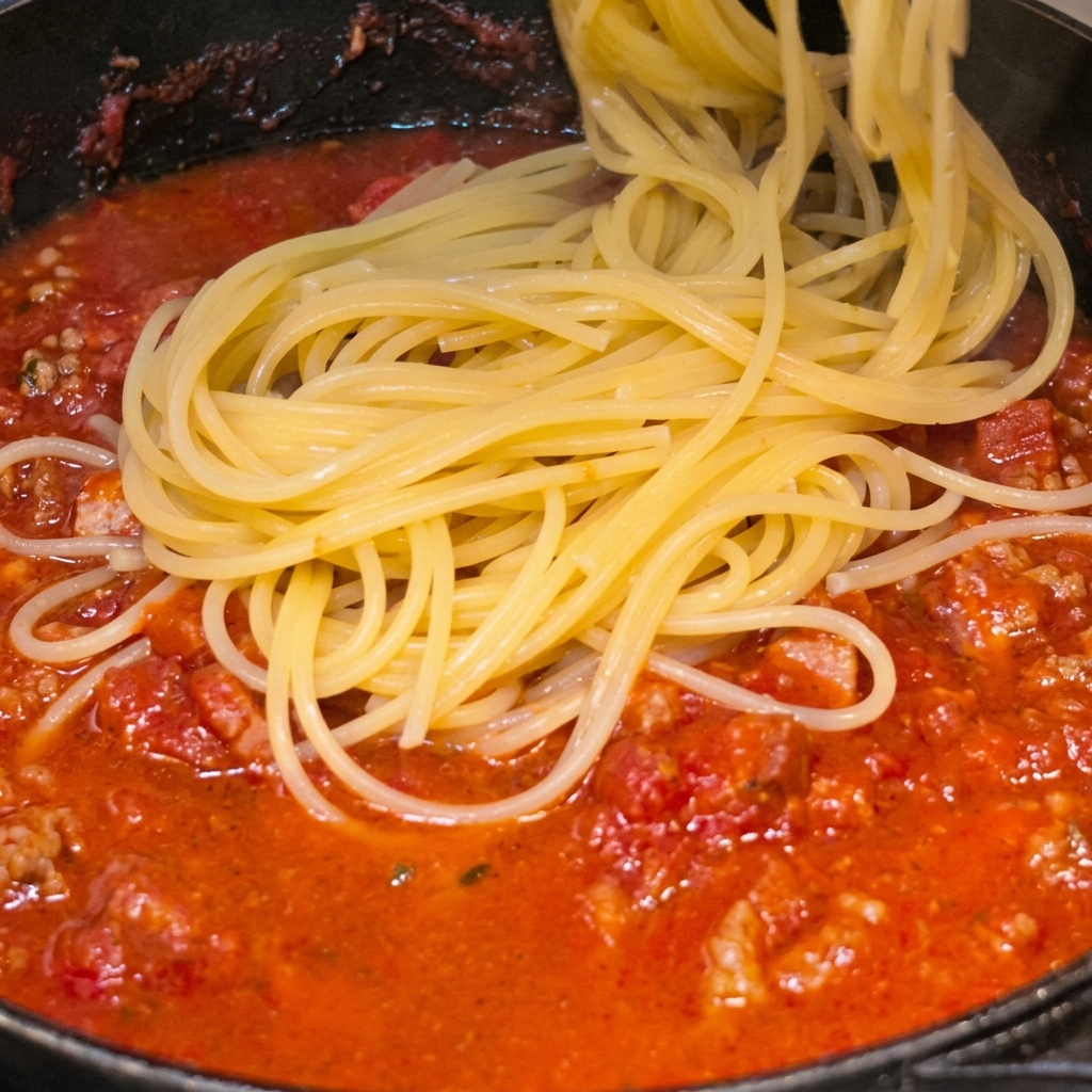Espaguetis cocidos pasándose a la sartén con la salsa de tomate y tocino.