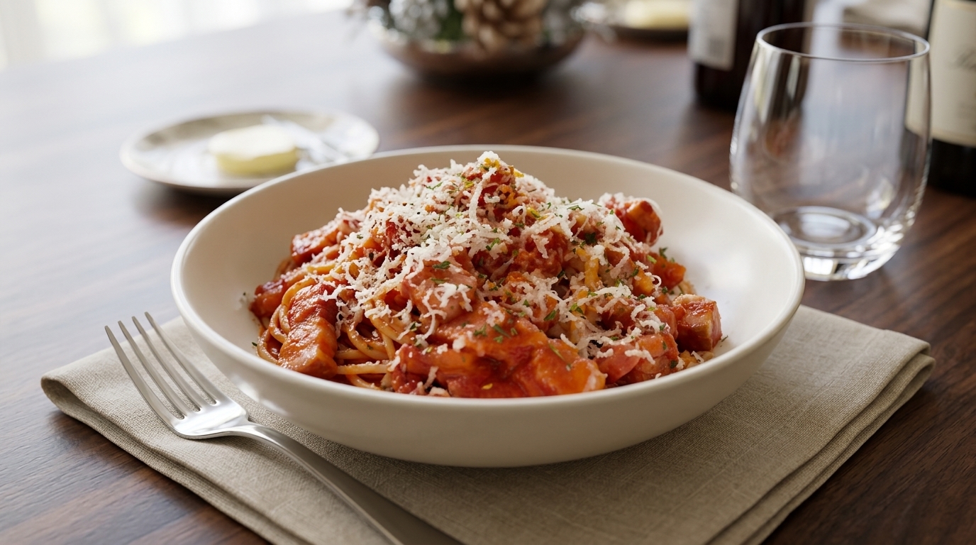 Un plato de espaguetis clásicos con tomate y tocino, decorados con queso parmesano recién rallado.
