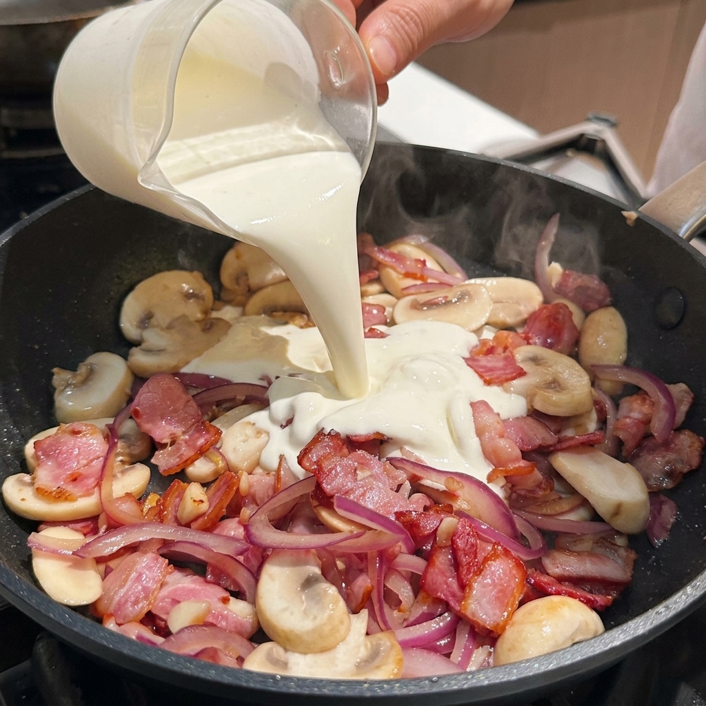 Crema de leche siendo vertida desde una taza medidora de vidrio a una sartén con tocino, cebollas y champiñones salteados.