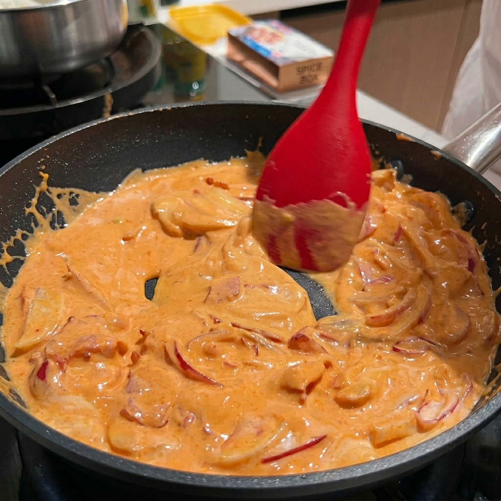 Una espátula de silicona roja revolviendo una salsa vibrante, anaranjada, cremosa y picante en una sartén caliente.