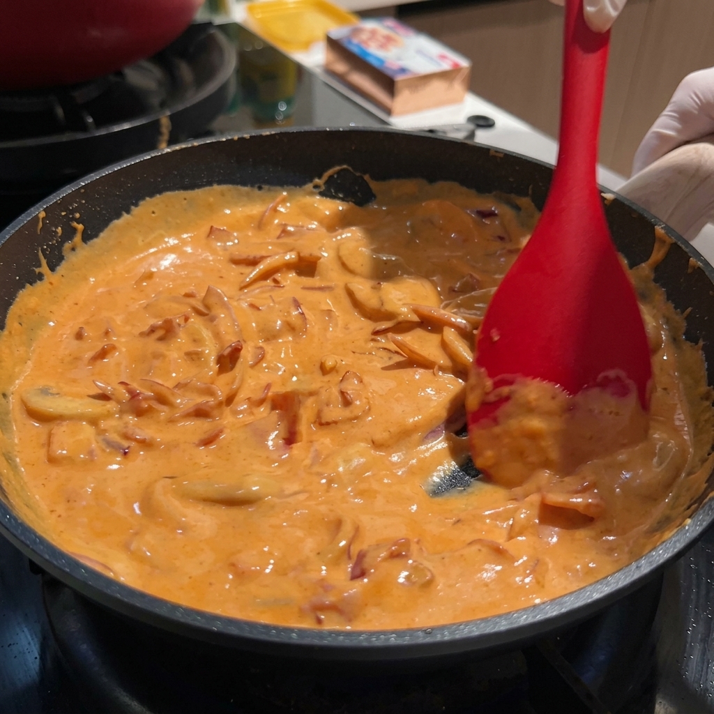 Espaguetis siendo mezclados en una salsa anaranjada cremosa en una sartén negra.