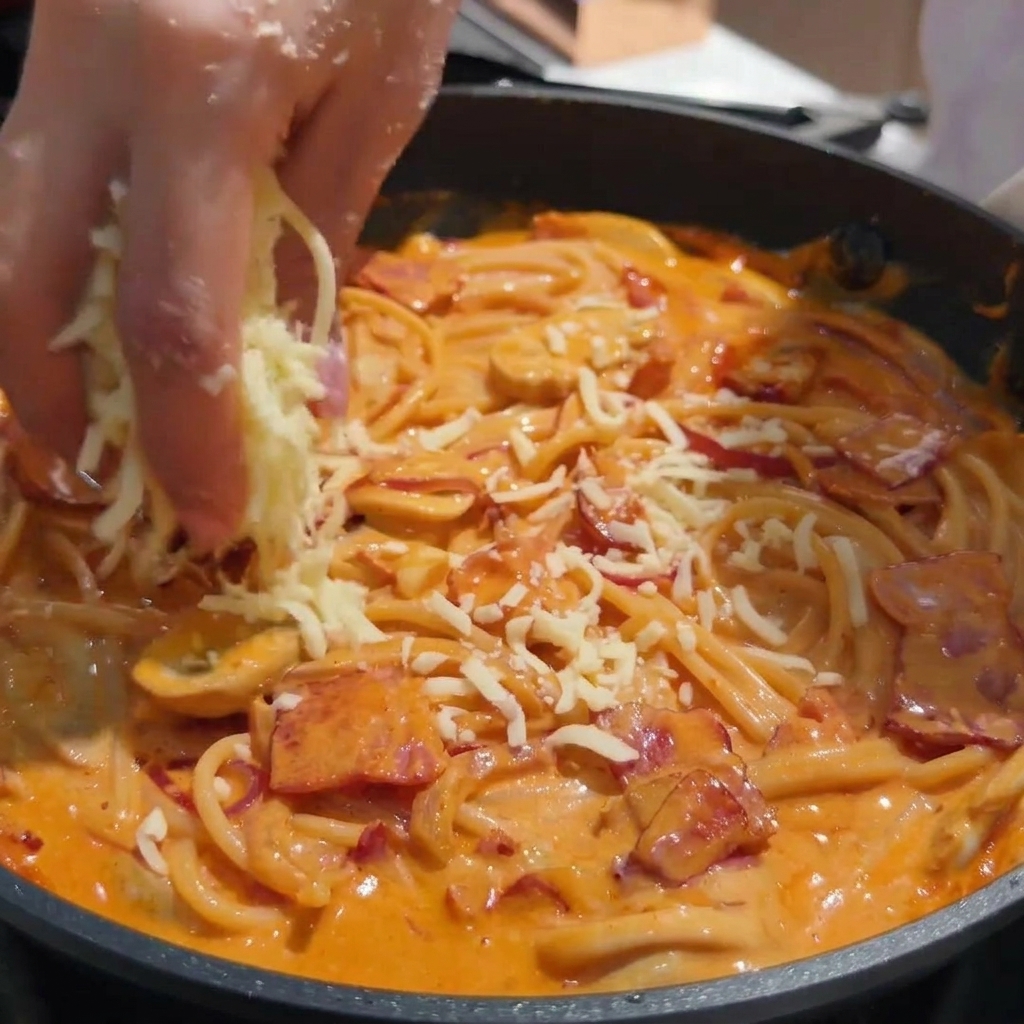 Mano espolvoreando queso mozzarella rallado sobre una sartén de espaguetis cremosos con salsa.