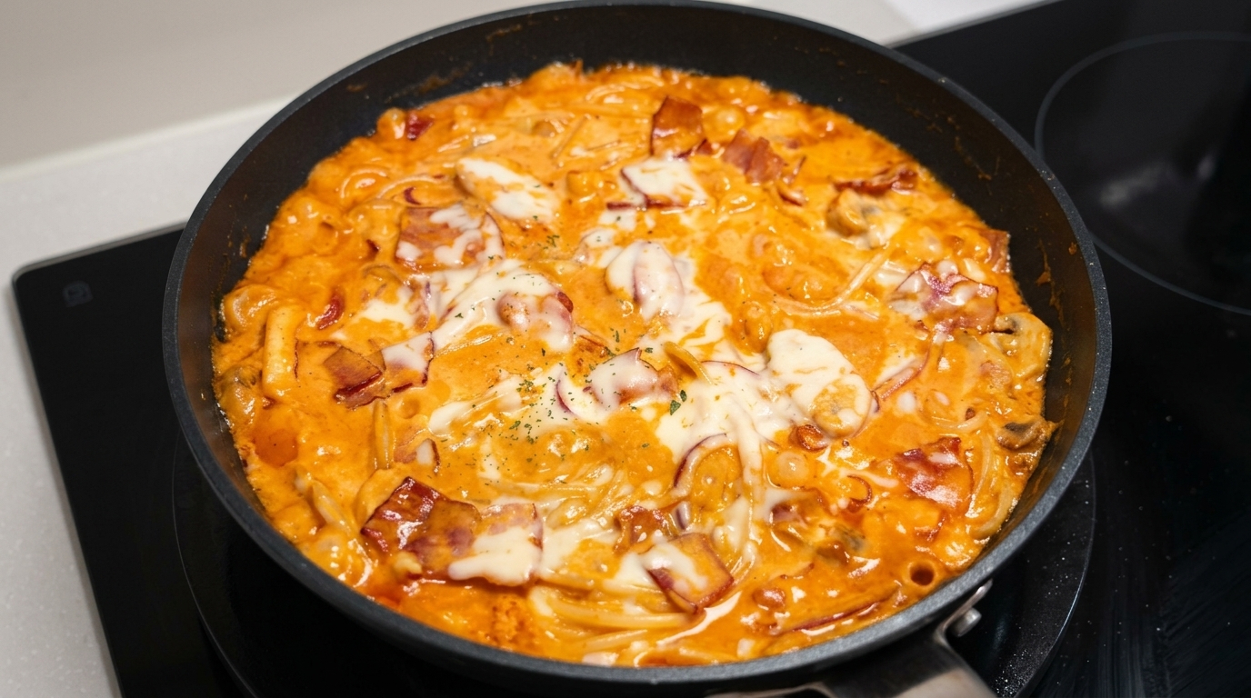 Espaguetis Cremosos y Picantes con Tocino y Pollo al Fuego