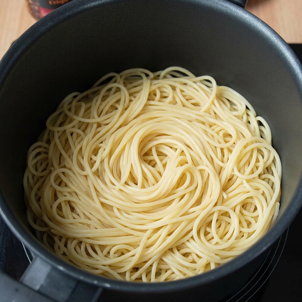 Espaguetis cocidos mezclándose con aceite de chile crujiente en una olla.