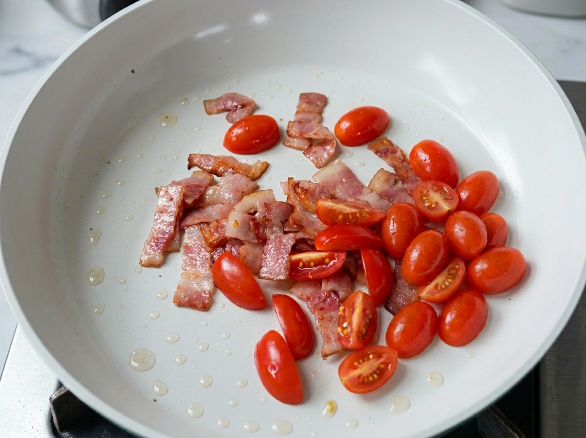 Tomates cherry cortados por la mitad cocinándose en la sartén con el bacon.