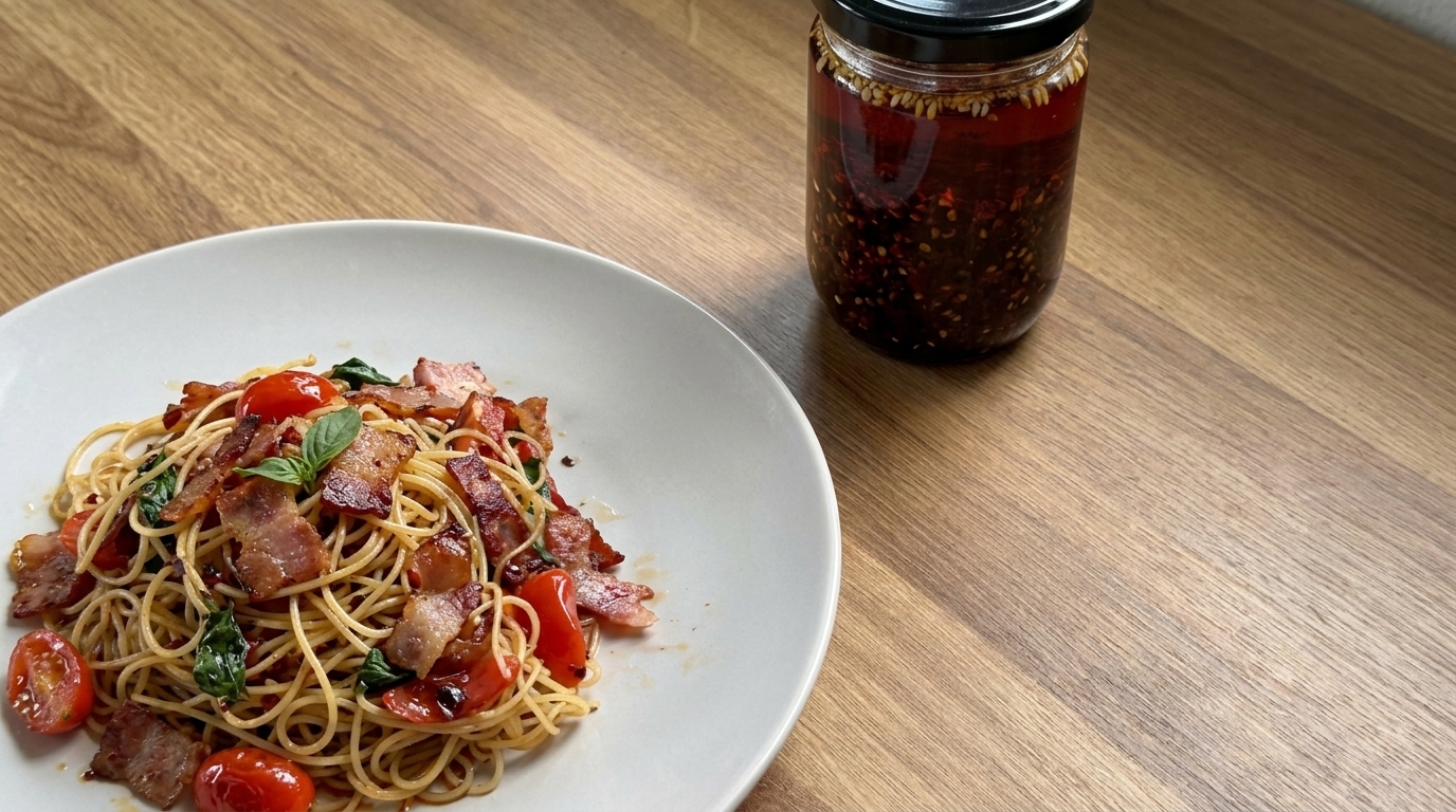 Espaguetis salteados picantes con bacon
