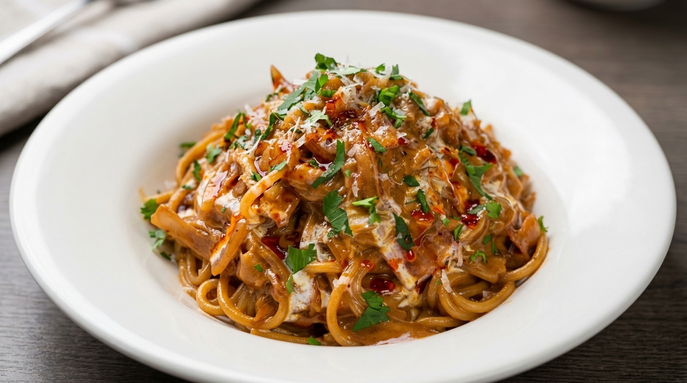 Pasta con Cebolla Caramelizada, Bacon y Salsa Cremosa Picante