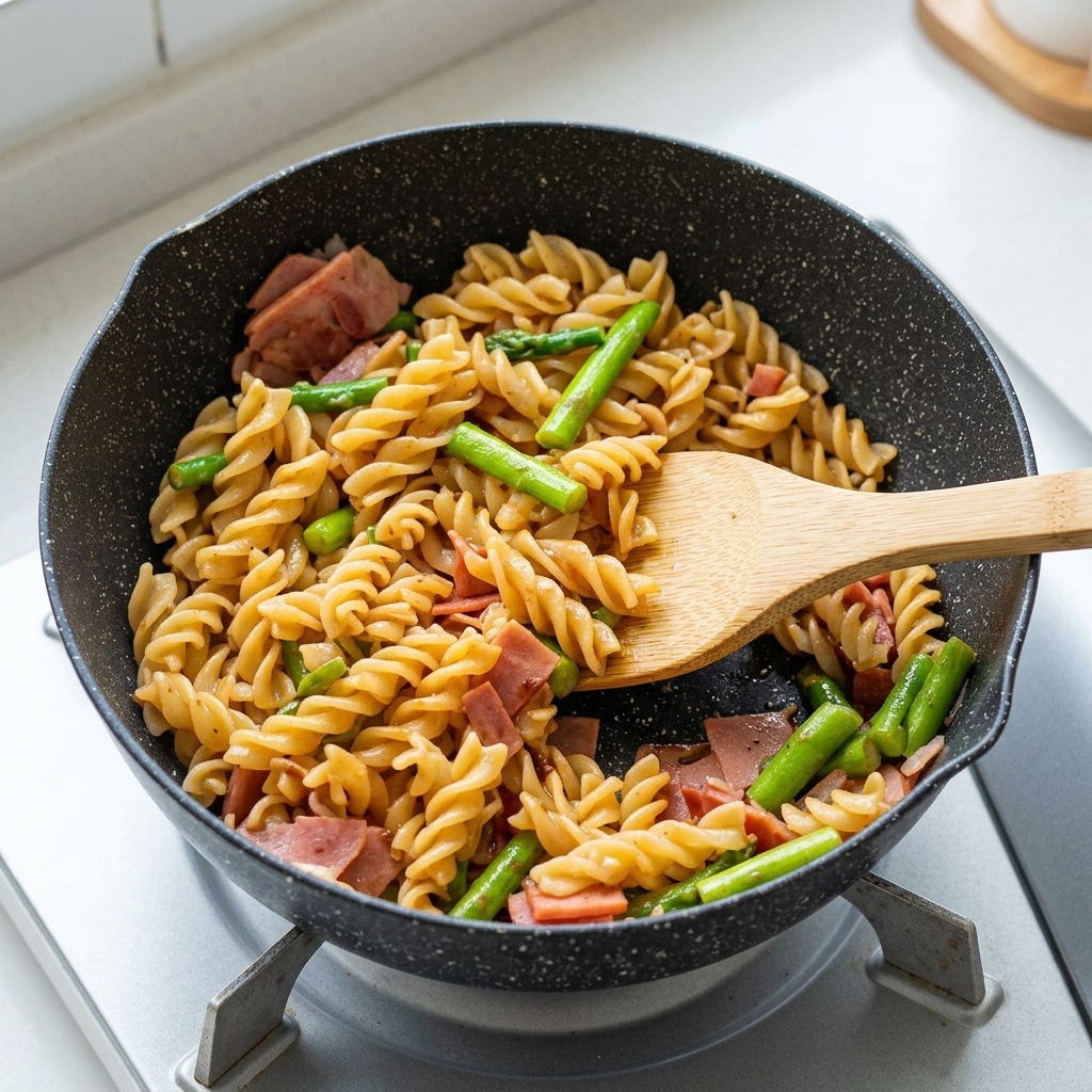 Una espátula de madera mezclando pasta, bacon y espárragos en una sartén.