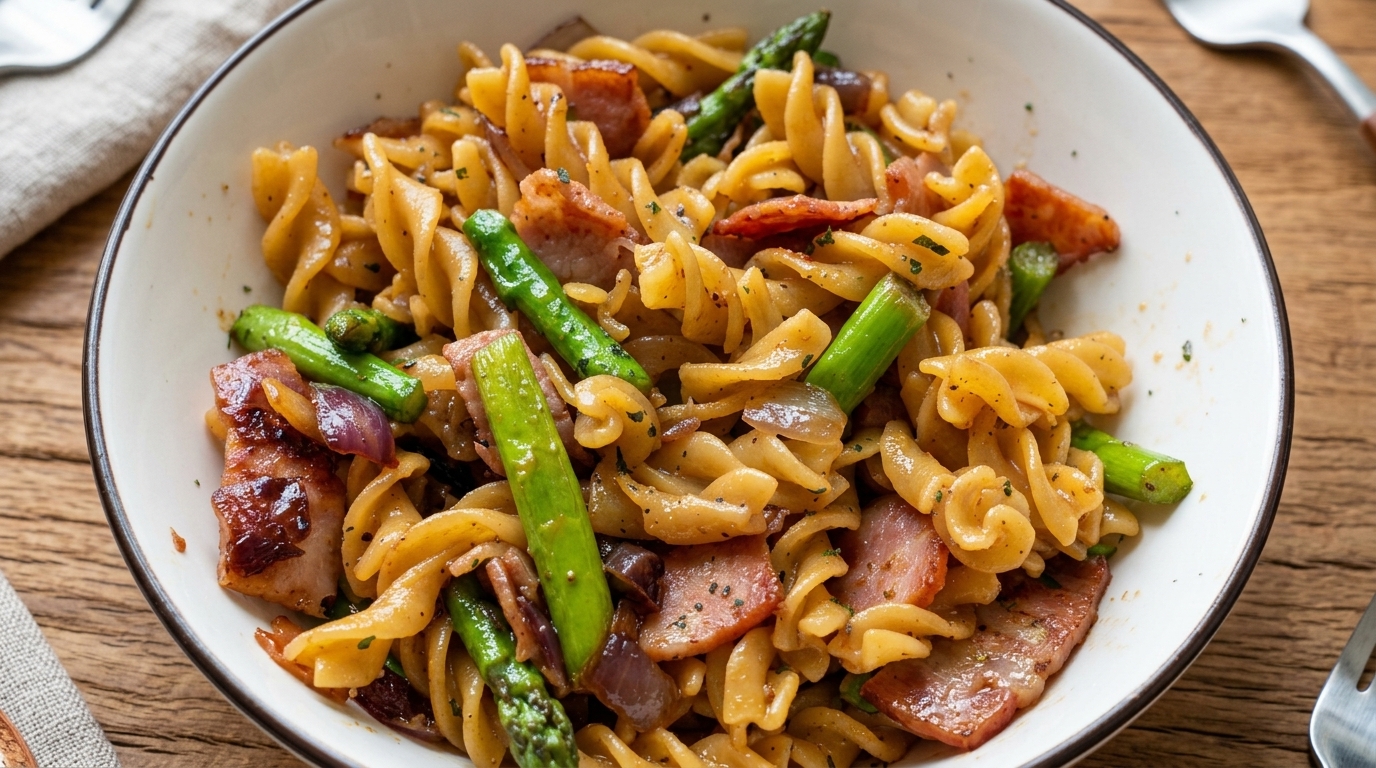 Un plato de fusilli con bacon y espárragos que muestra bacon dorado, espárragos verdes vibrantes y fusilli tierno en una salsa sabrosa.