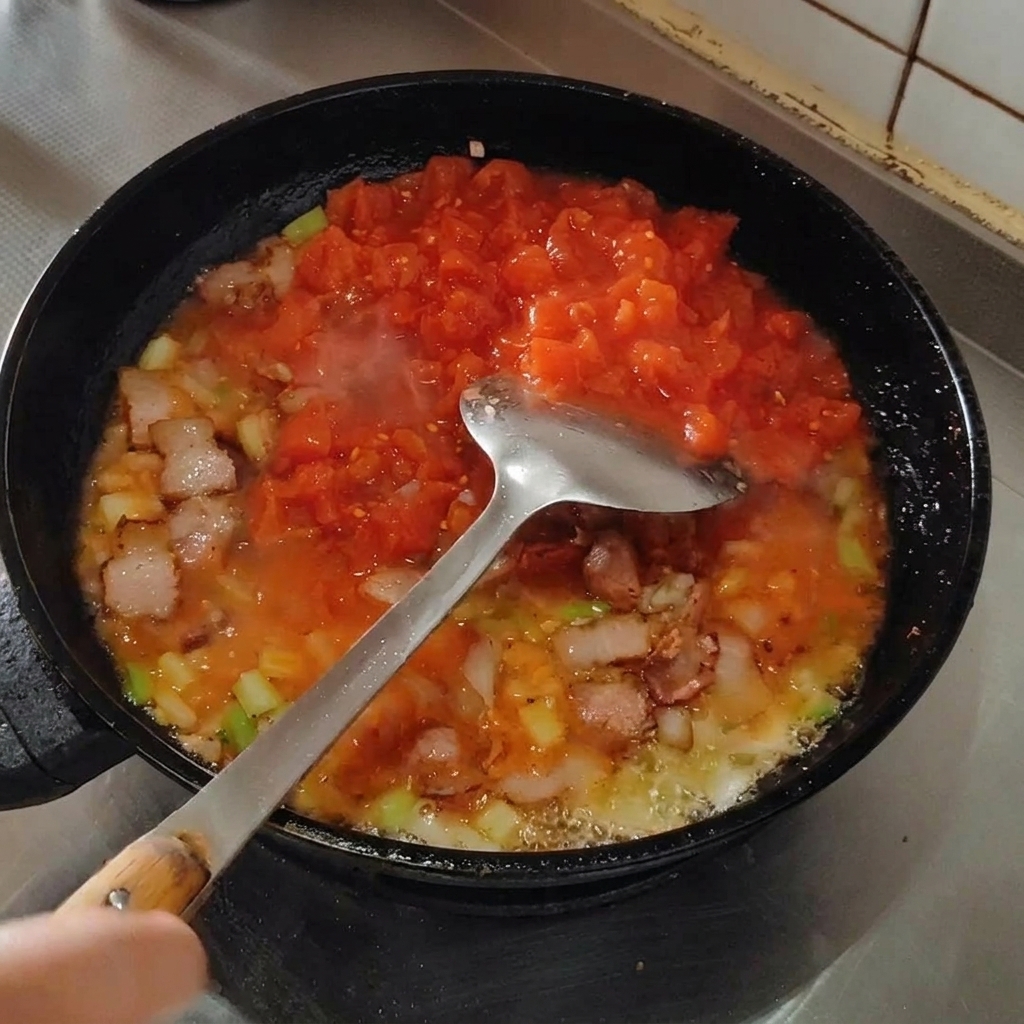 Una espátula aplastando tomates en una sartén para deshacerlos y formar una salsa.