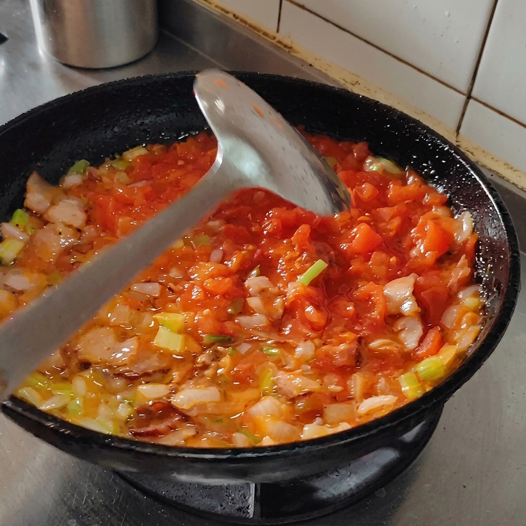 Pimienta negra espolvoreada sobre la salsa de tomate burbujeante en la sartén.