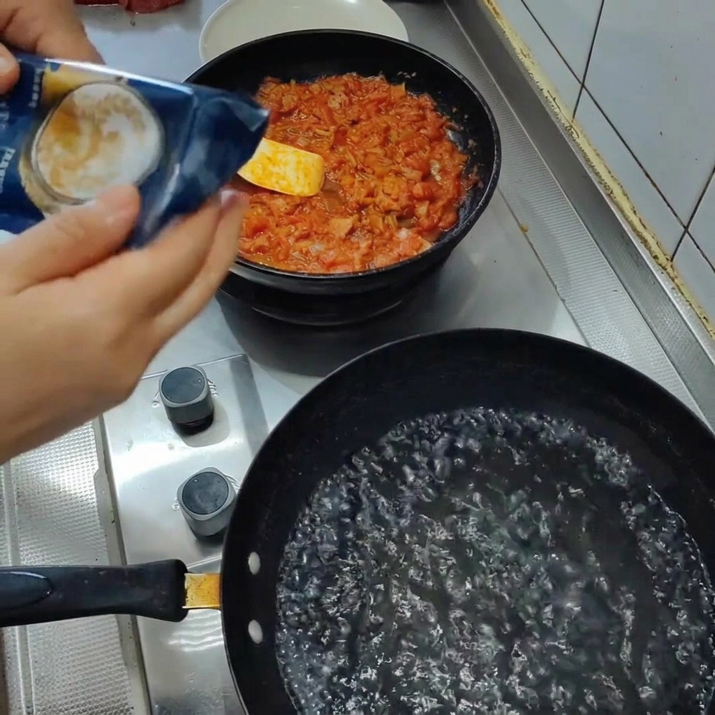Fideos de espagueti sumergiéndose en una olla grande con agua hirviendo.