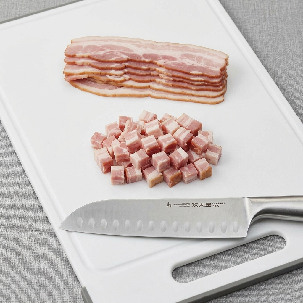 Lonchas de bacon cortadas en cubitos pequeños y uniformes.