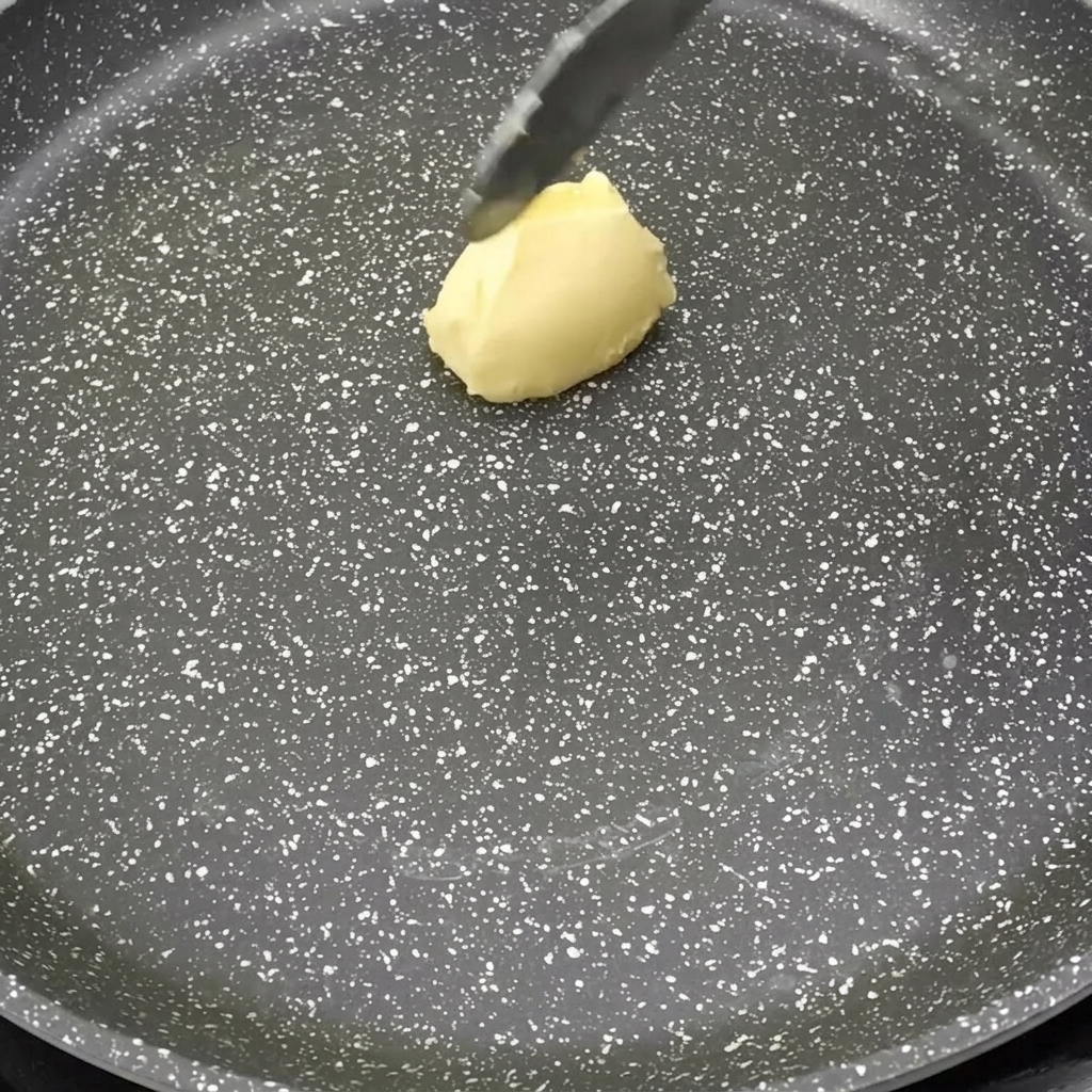 Una porción de mantequilla derritiéndose en una sartén caliente.