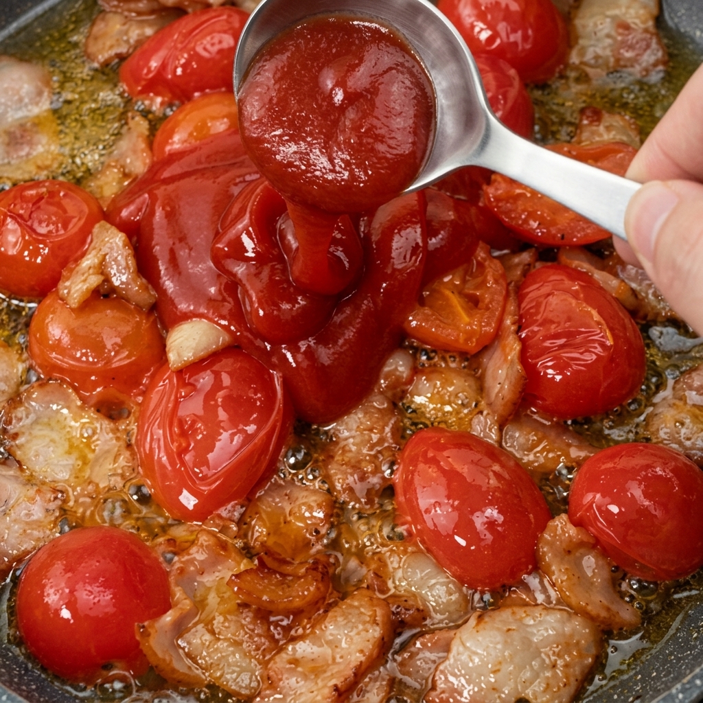 Salsa de tomate roja siendo vertida en la sartén con el bacon y los tomates.