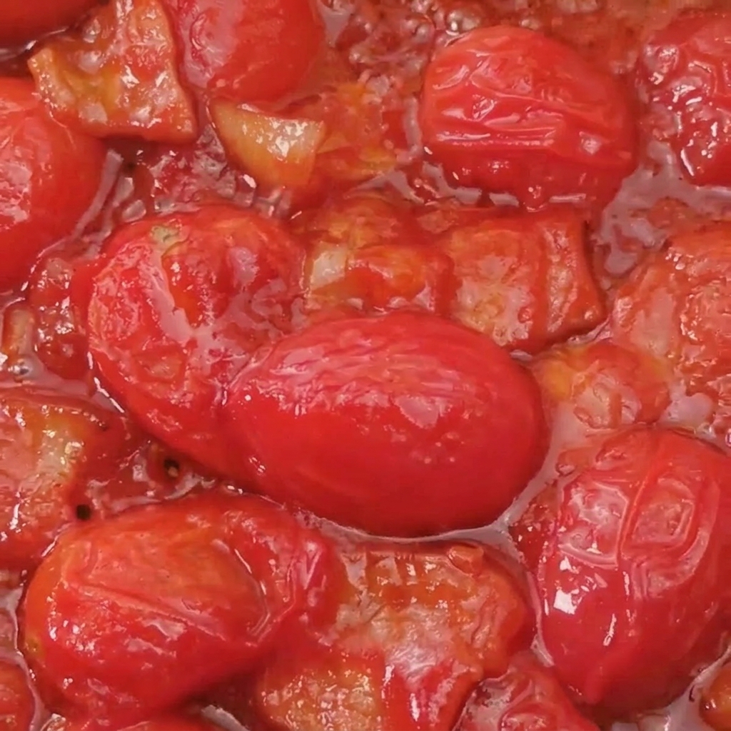 Espaguetis cocidos mezclándose en la sartén con la salsa de tomate.