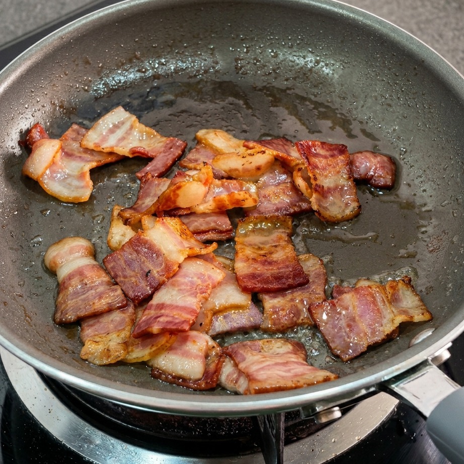 Grasa de bacon derretida y trocitos dorados en una sartén.