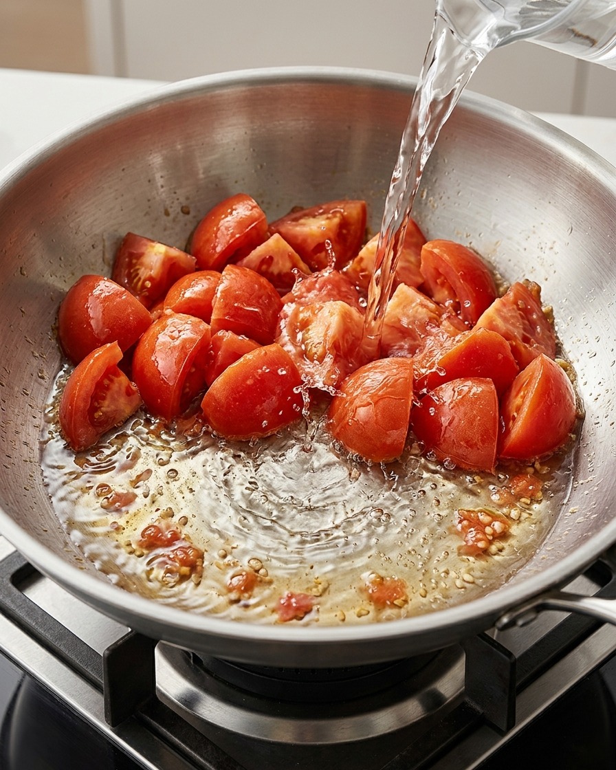 Agua vertiéndose en la sartén sobre los trozos de tomate sofritos.