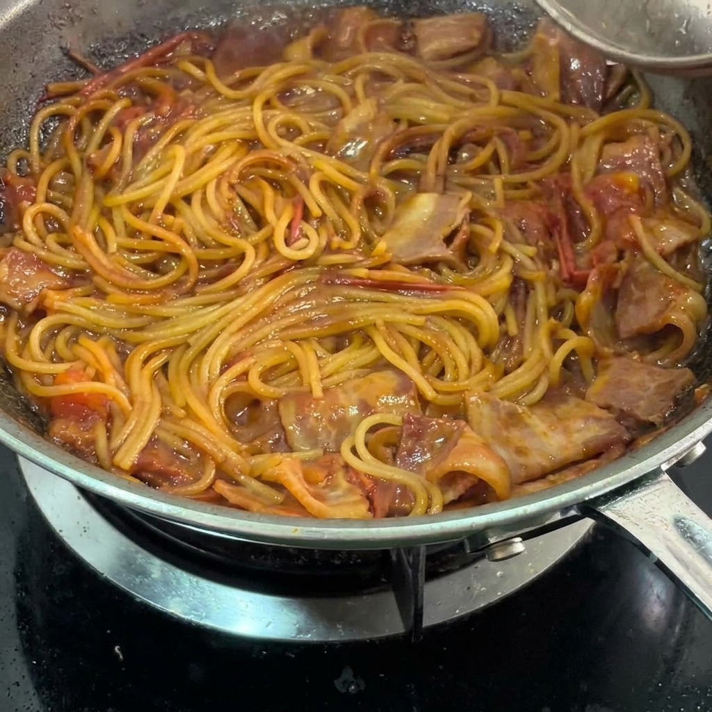 Espaguetis terminados con bacon y salsa de tomate siendo mezclados en una sartén.