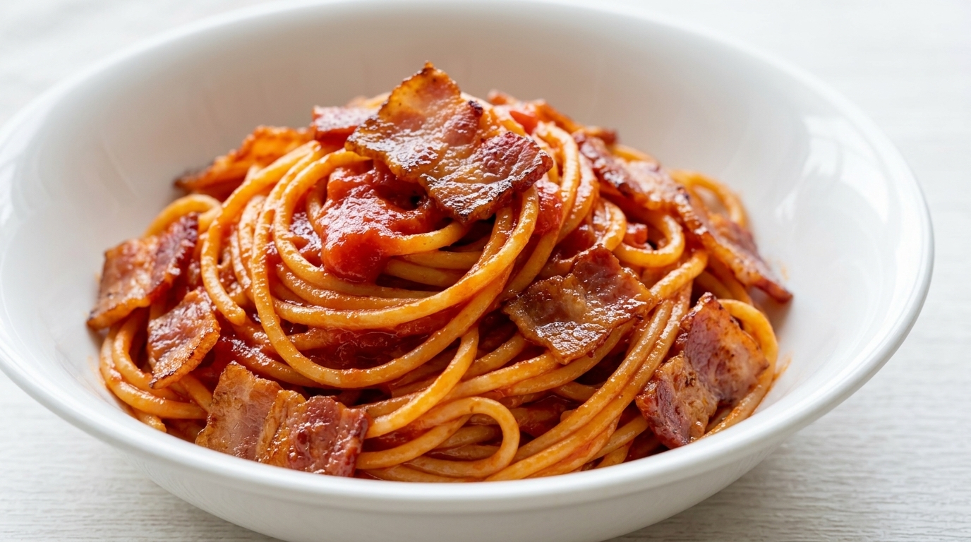 Espaguetis con Tomate y Bacon en una Sola Sartén