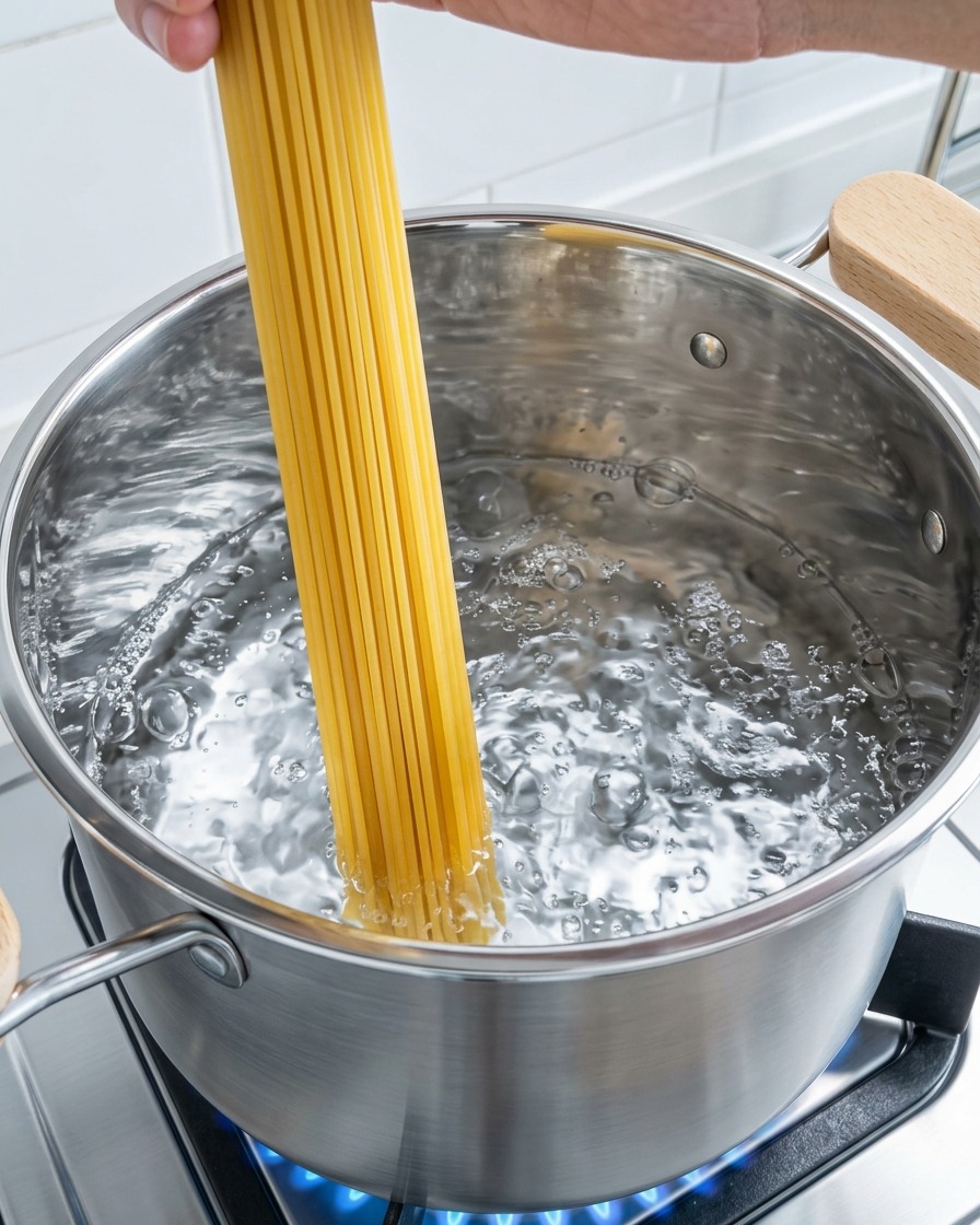 Espaguetis cocinándose en una olla grande con agua hirviendo.
