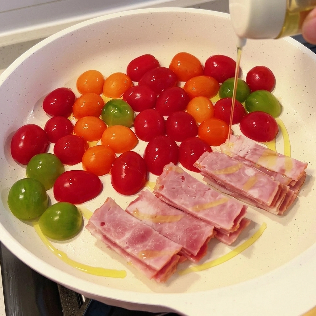 Aceite de oliva siendo rociado sobre los tomates y el bacon en una sartén.