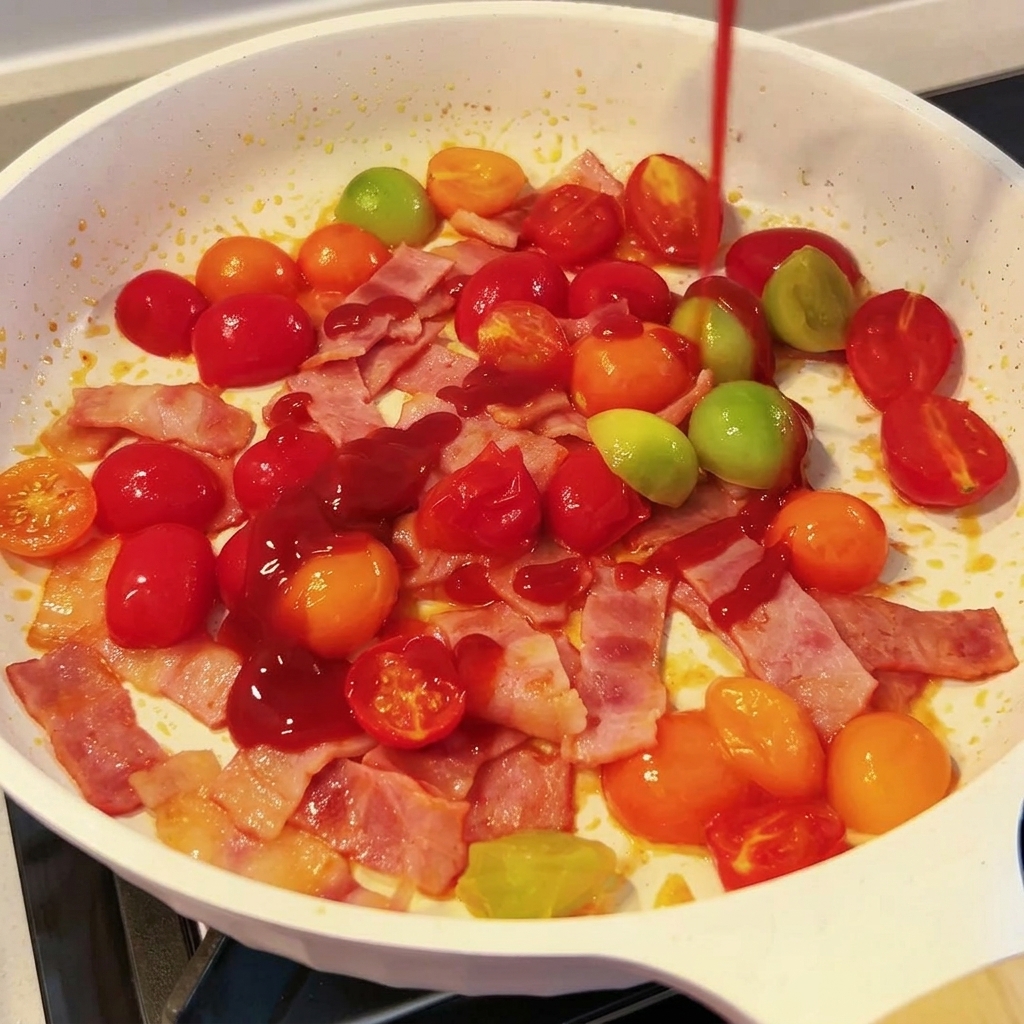 Salsa de tomate siendo vertida en la sartén con los otros ingredientes.