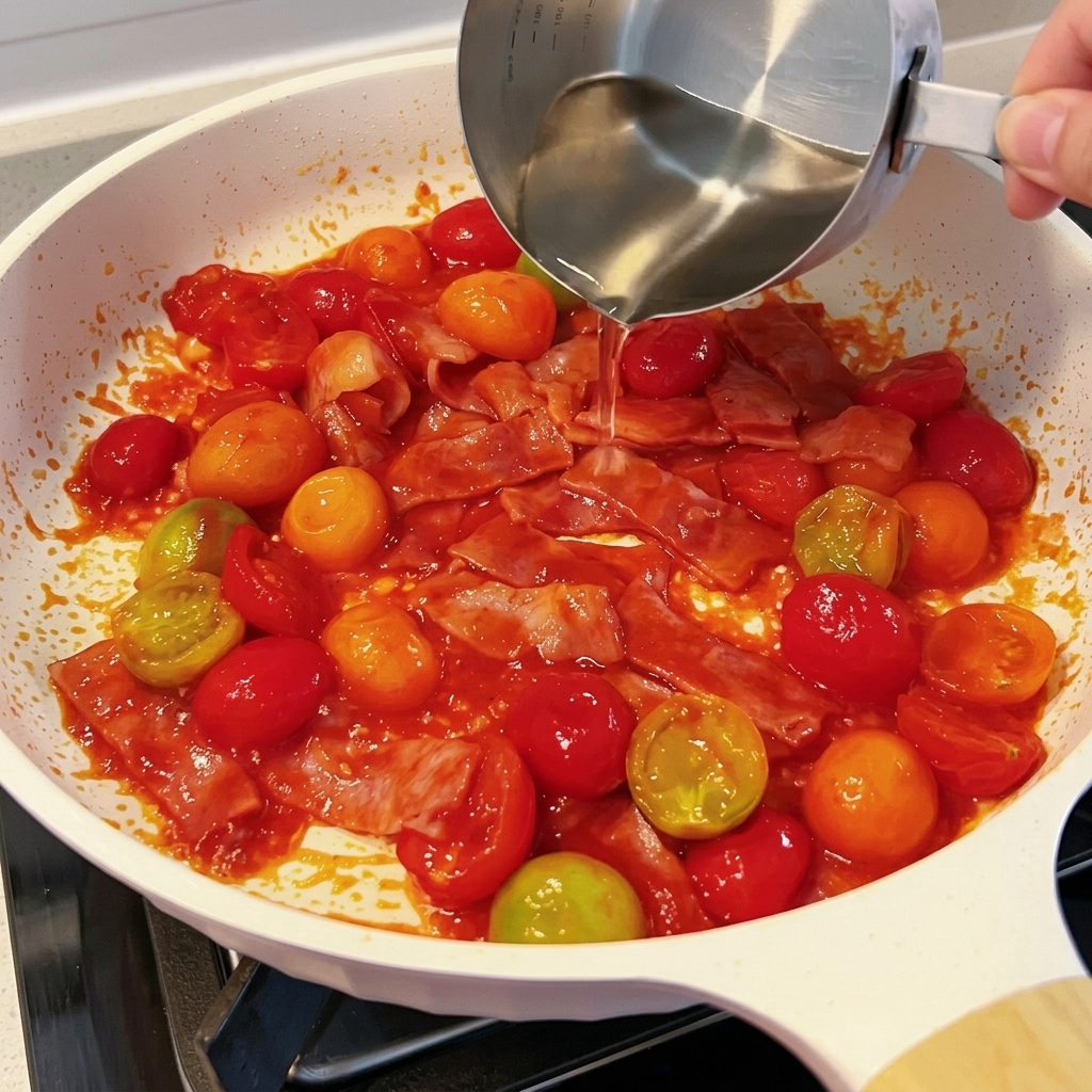 Agua siendo vertida en la sartén para combinar con los ingredientes de la salsa.