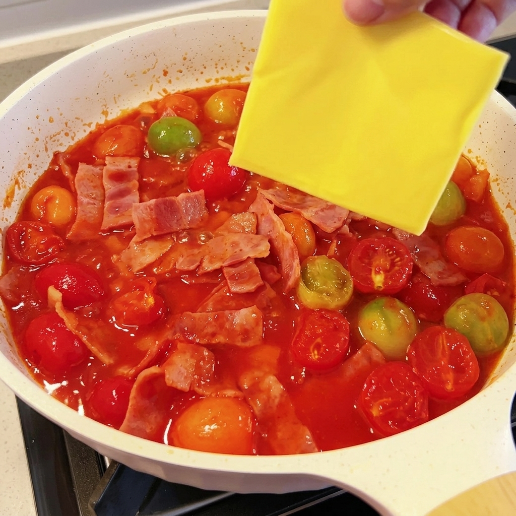 Una loncha de queso amarillo derritiéndose en una base de salsa de tomate roja con trozos de bacon crujiente en una sartén blanca.