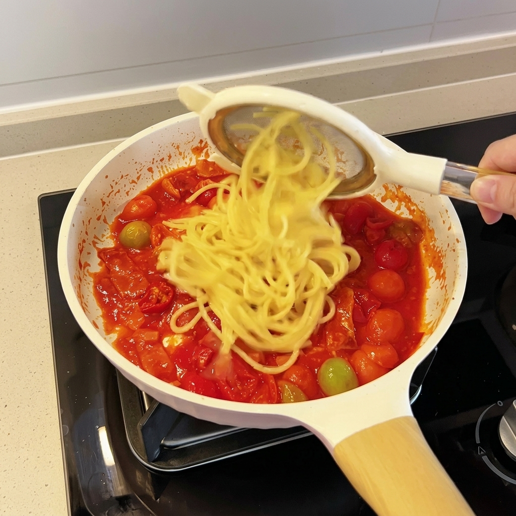 Espaguetis siendo añadidos a una sartén que contiene una salsa de tomate roja vibrante con bacon y queso fundido.