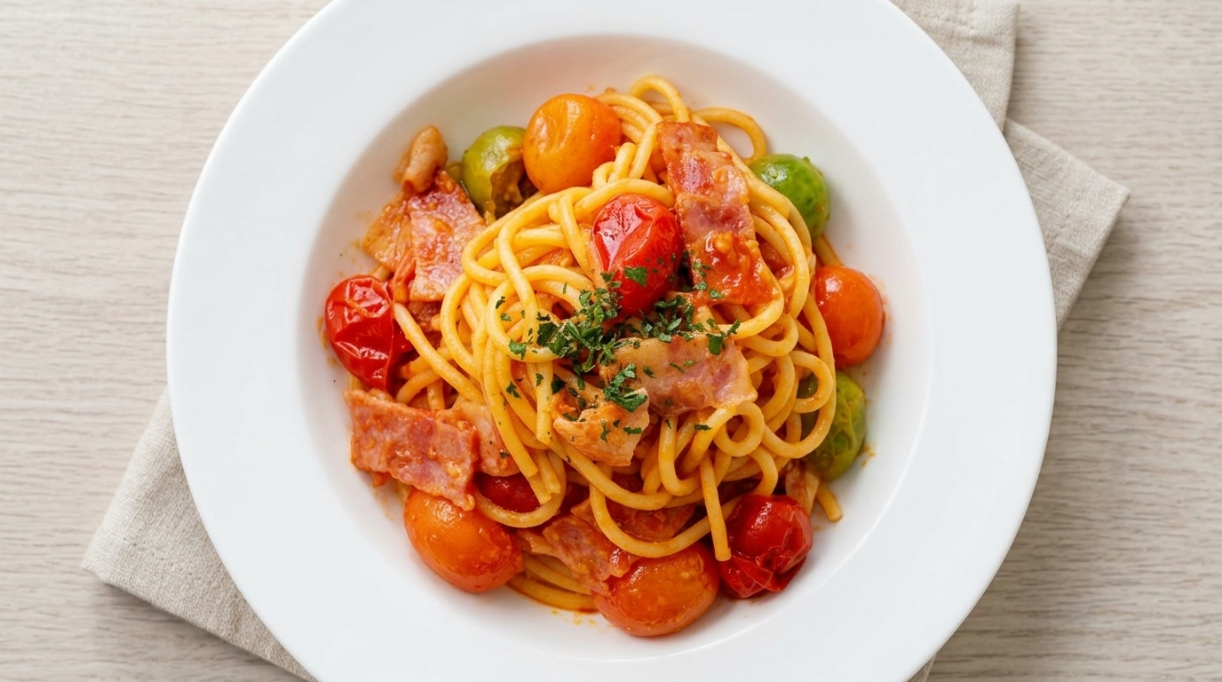 Pasta Clásica con Tomate, Queso y Bacon
