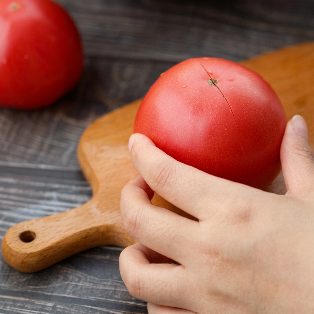 Primer plano de un tomate rojo entero con una cruz cortada limpiamente en la superficie.