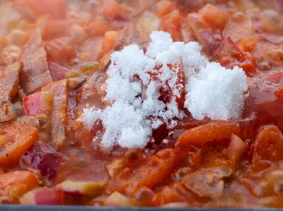 Una cucharada de azúcar blanca añadida a la salsa de tomate a fuego lento.