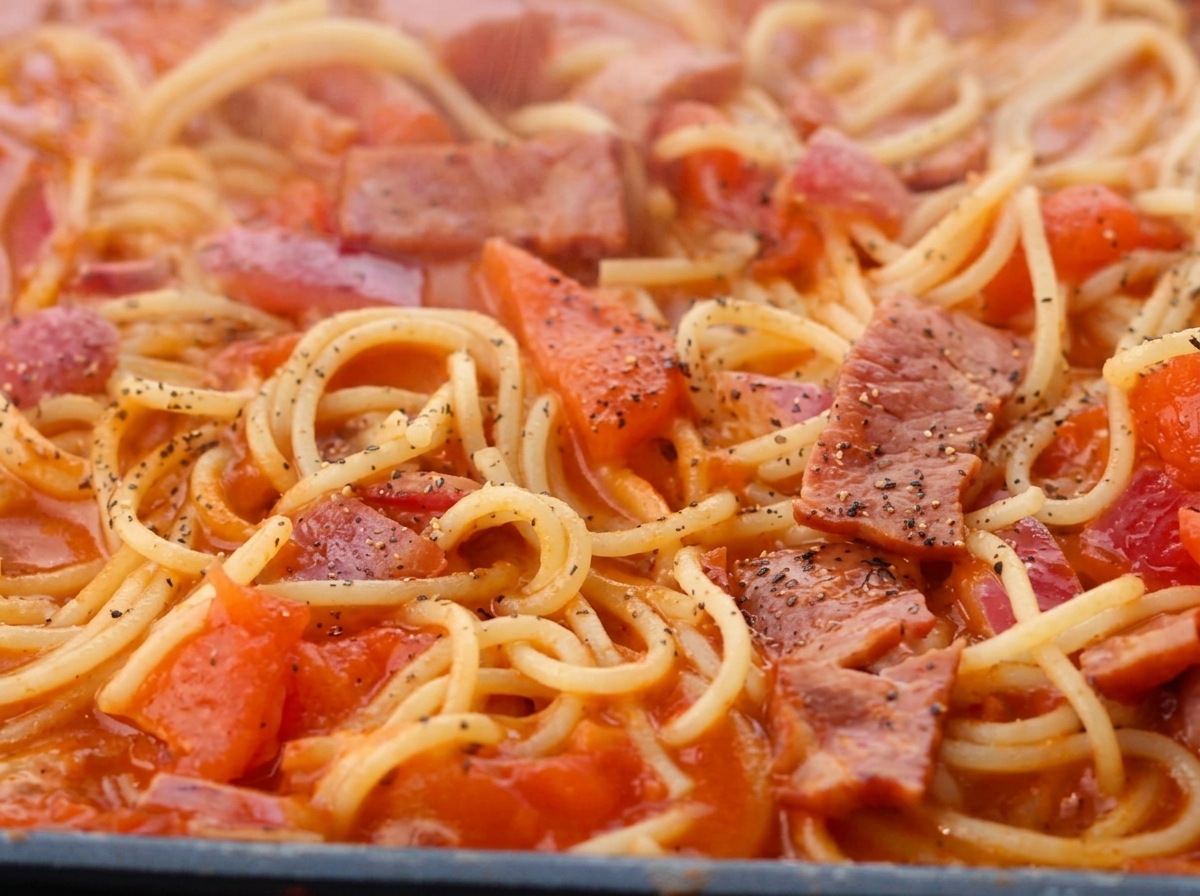 Espaguetis terminados mezclándose con la salsa y pimienta negra en una sartén.