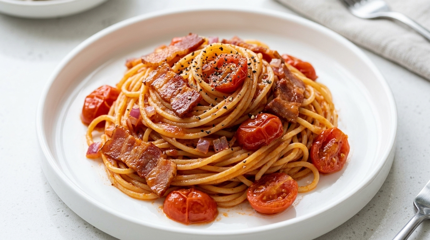 Un vibrante plato de espaguetis con tomate y tocino, perfectamente cubiertos con una salsa brillante y agridulce.