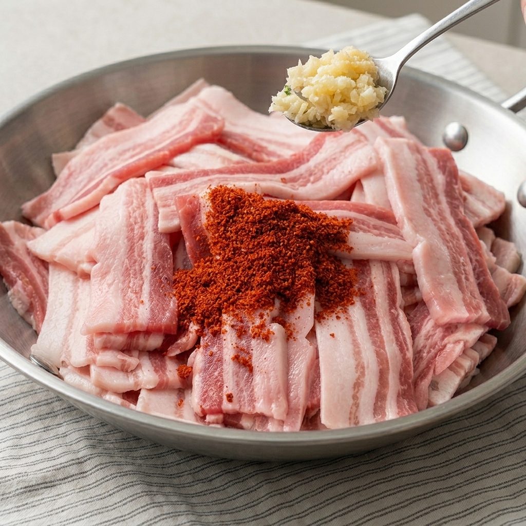Láminas de panceta cruda siendo cubiertas con un adobo rojo y especiado en un bol de acero inoxidable.