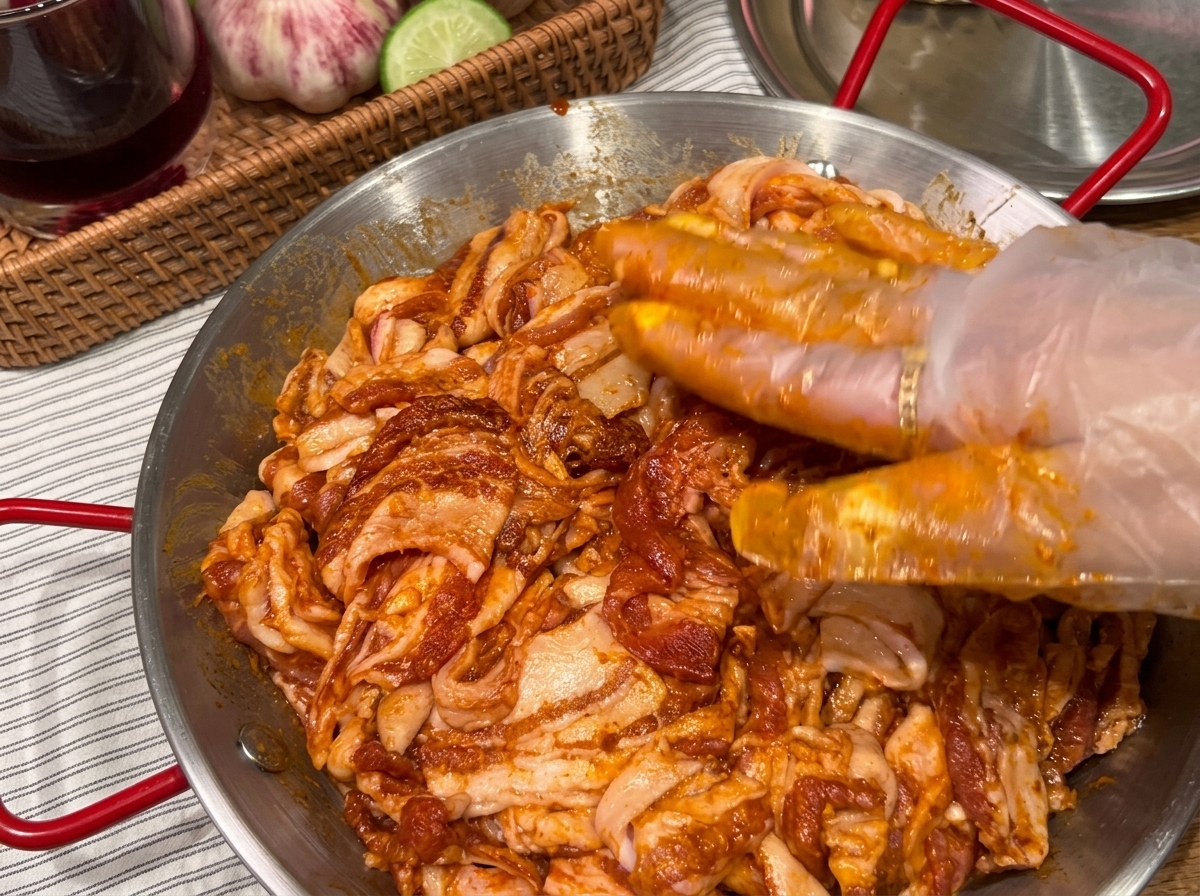 Tiras de panceta marinada colocándose en una sartén caliente, comenzando a chisporrotear.