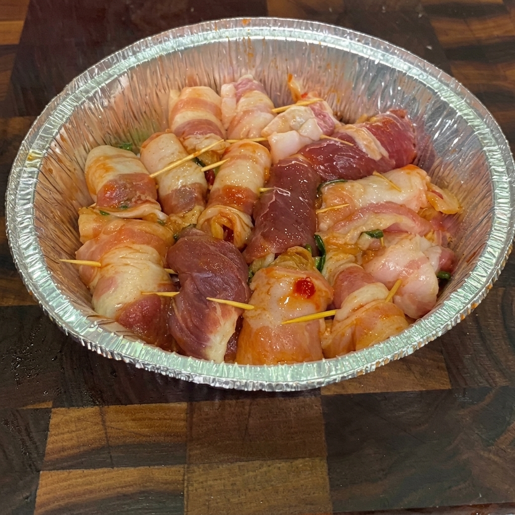 Primer plano de rollitos crudos de panceta envueltos alrededor de kimchi en un molde de aluminio, siendo rociados con aceite de cocina.