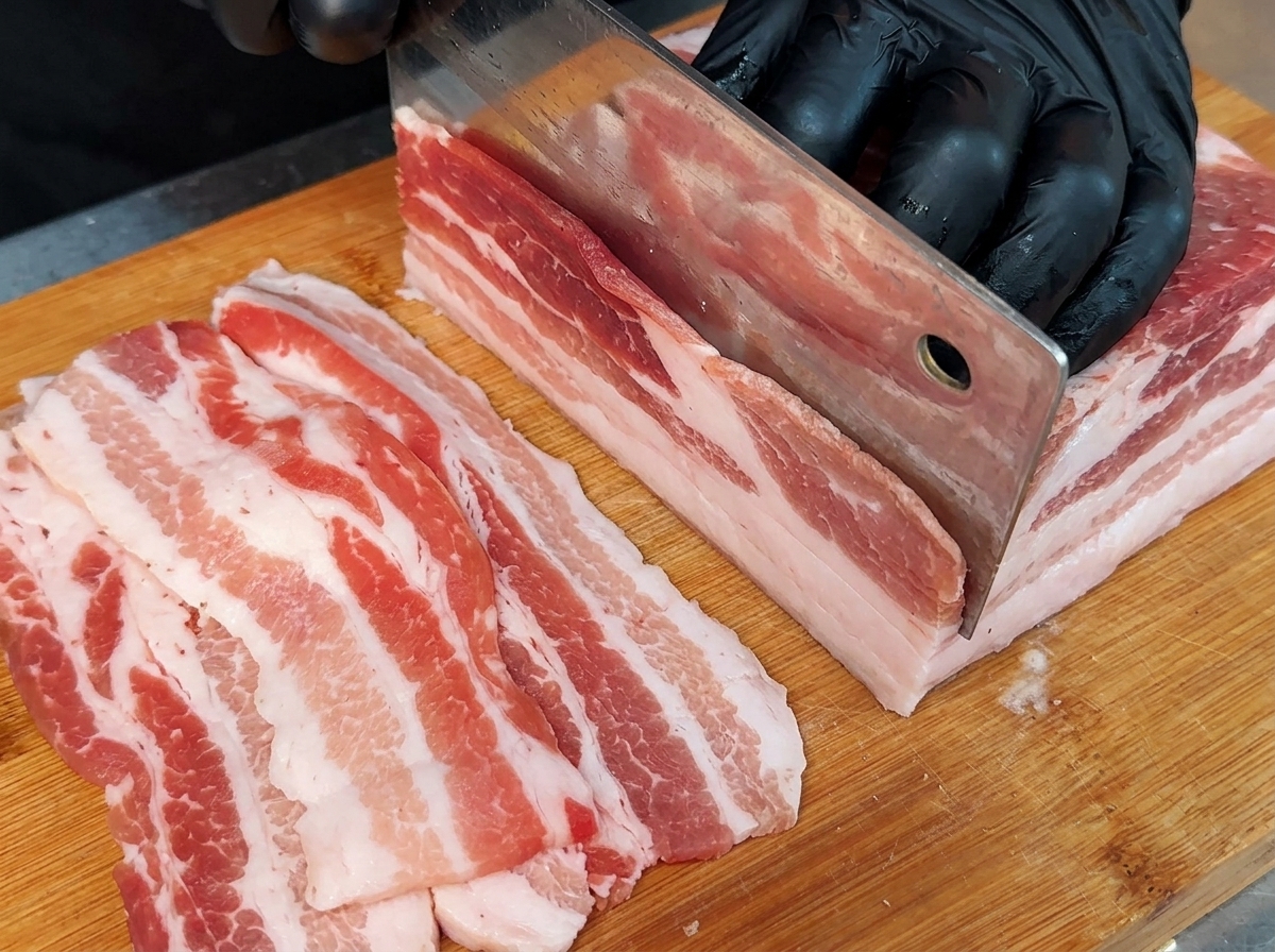 Láminas finas de panceta de cerdo cruda dispuestas sobre una tabla de cortar de madera.