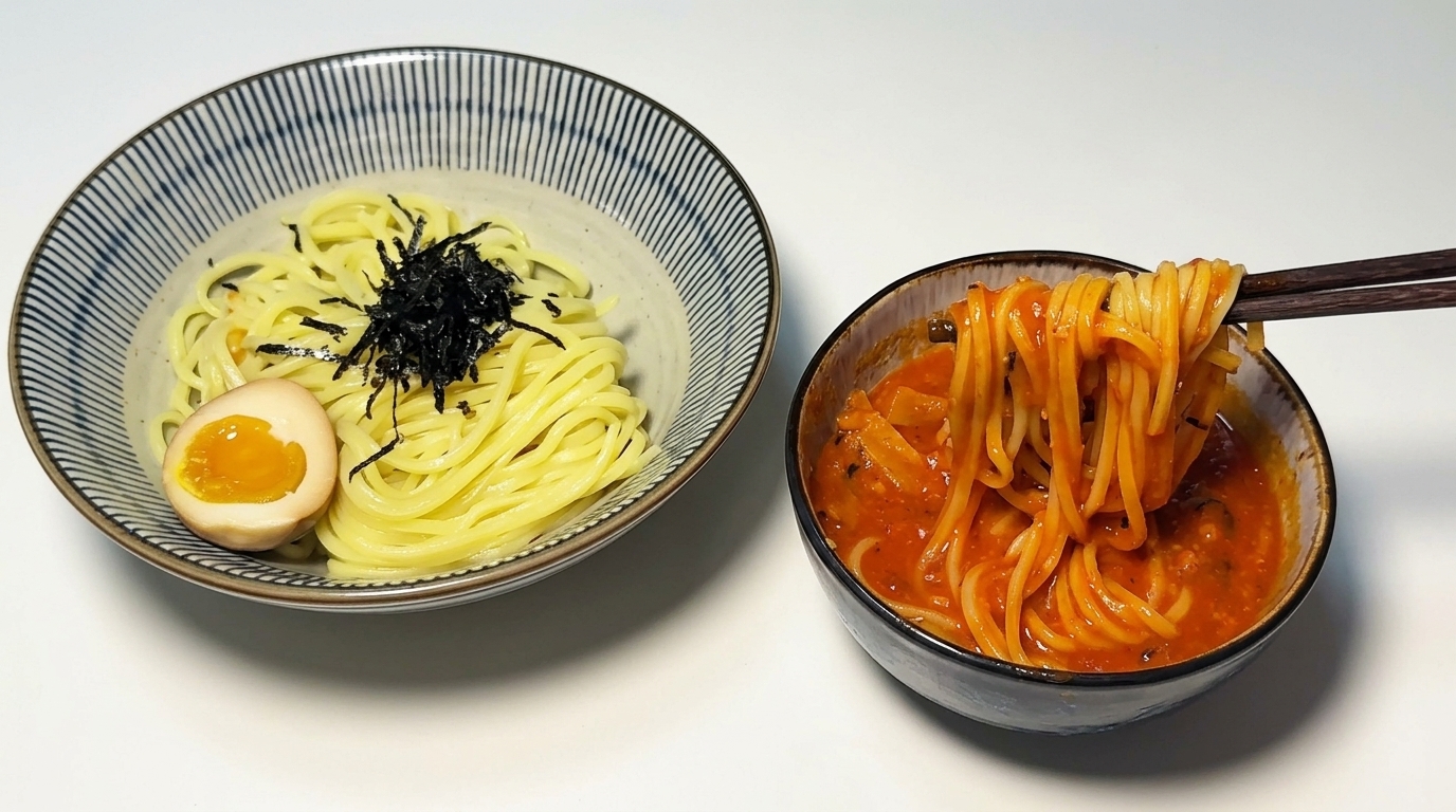 Fideos ramen amarillos servidos con un huevo cocido blando y alga nori, acompañados de una rica salsa para mojar de tomate y camarón.