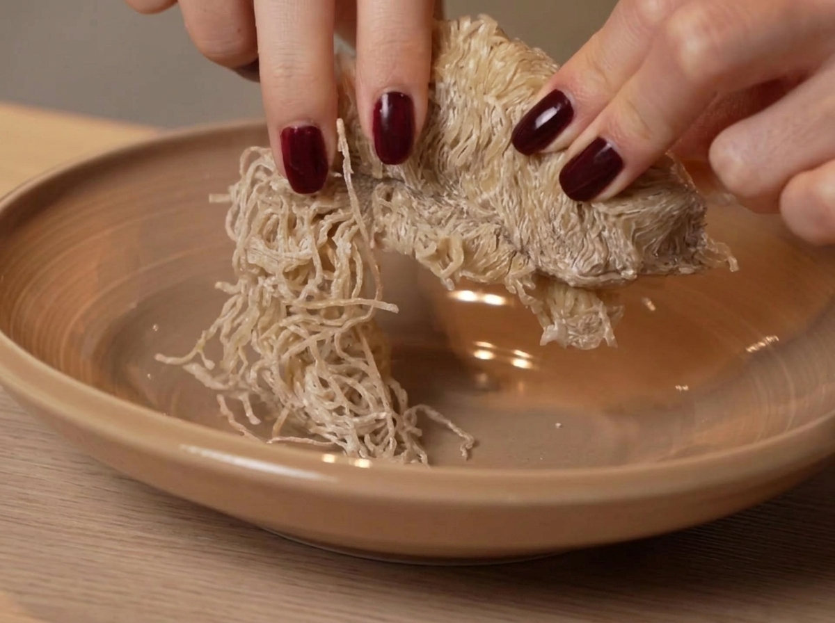 Primer plano de unas manos separando los fideos frescos prensados con bambú en un plato.