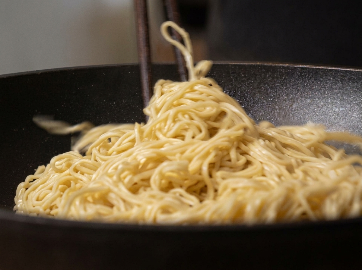 Fideos escurridos salteándose en una sartén con aceite caliente.