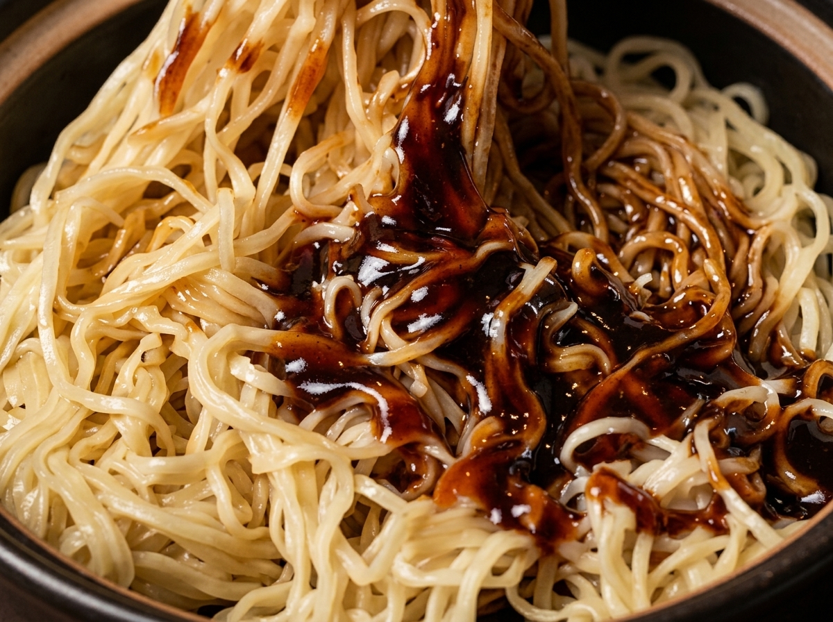 Fideos mezclándose con la salsa oscura en una sartén usando palillos.