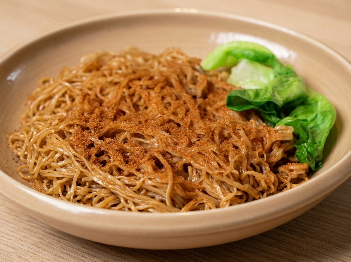 Un bol de fideos con huevas de gamba decorado con hojas de lechuga escaldadas.
