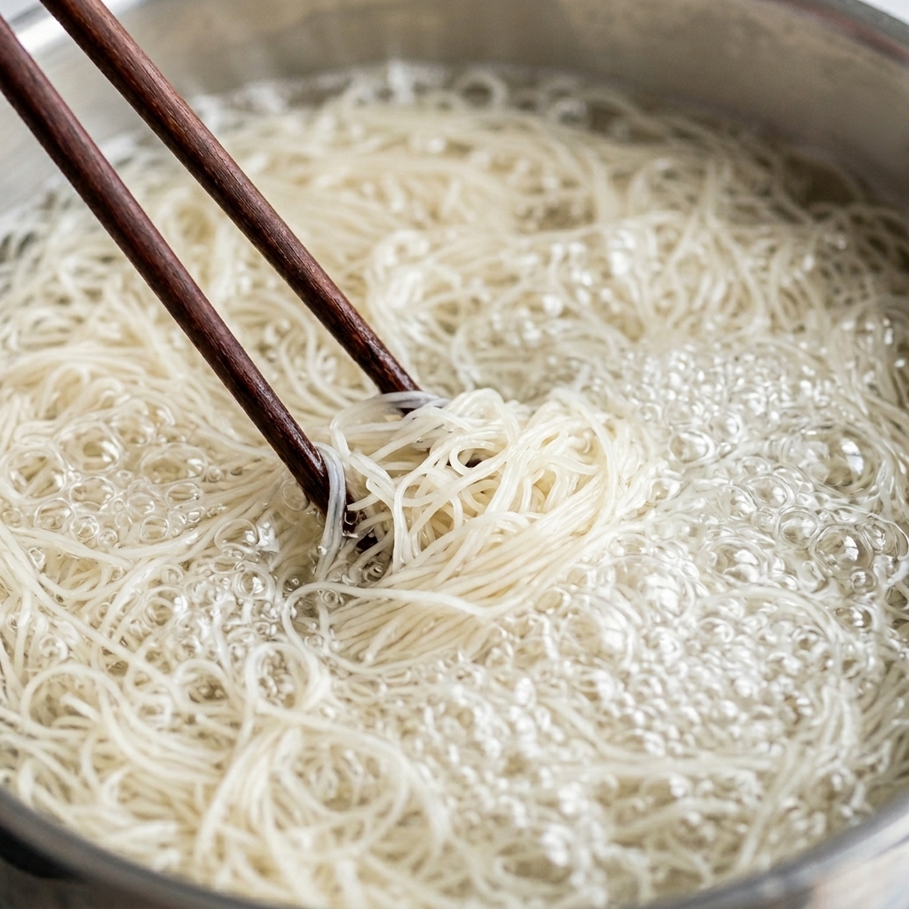 Fideos de trigo hirviendo en una olla, mostrando signos de ablandarse.